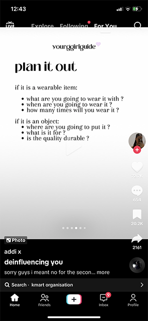 screenshot of a tiktok deinfluencing consumerism